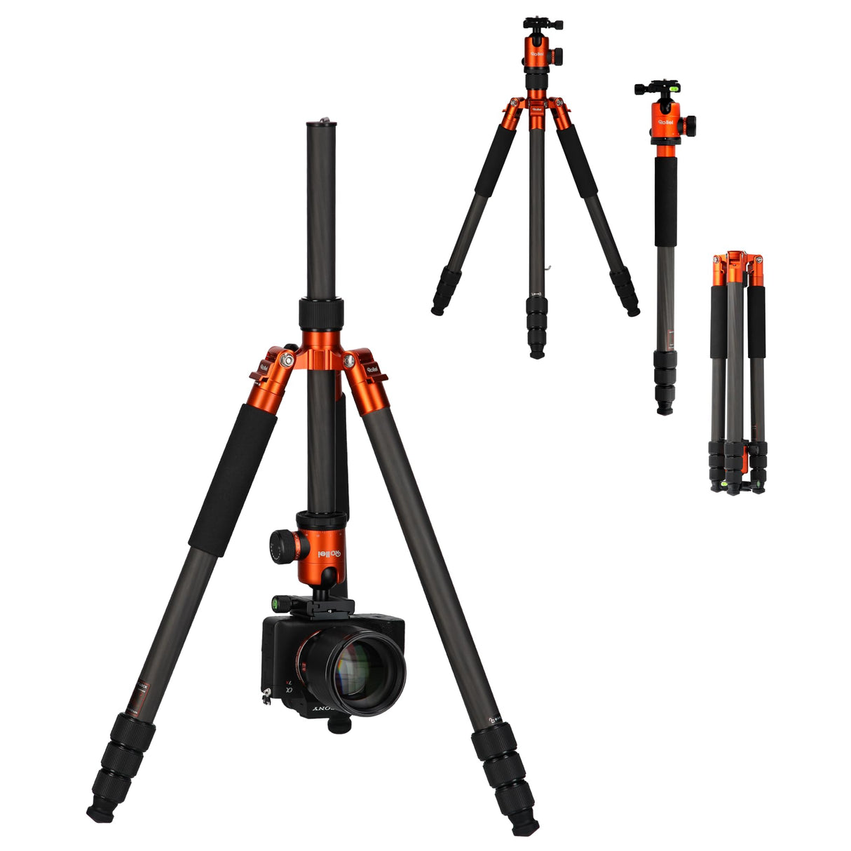 Rollei C6i Carbon - Trípode para Fotos (Compacto, Ligero, 3 en 1 con rótula Arca Swiss de Bola, monopod, trípode Macro, Incluye Picos y Bolsa (Naranja)