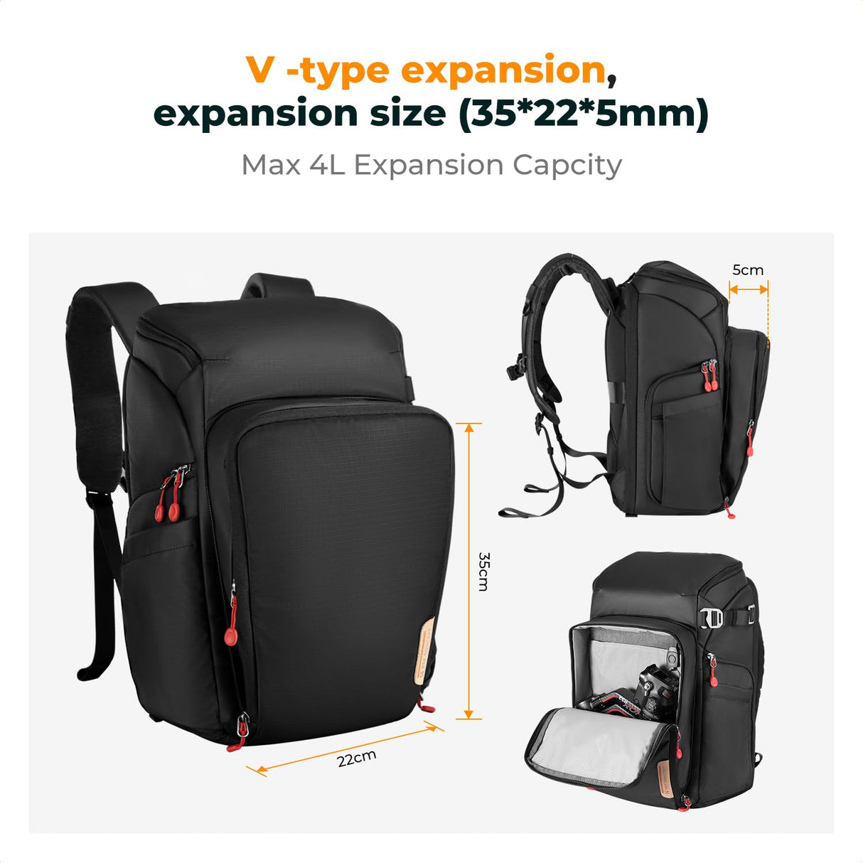 K&F Concept Mochila Cámara Profesional, Bolsa Fotógrafos Cámara Impermeable de Gran Capacidad para Camera Reflex Digital DSLR, Adecuado para viajes al aire libre senderismo fotografía Negro intenso