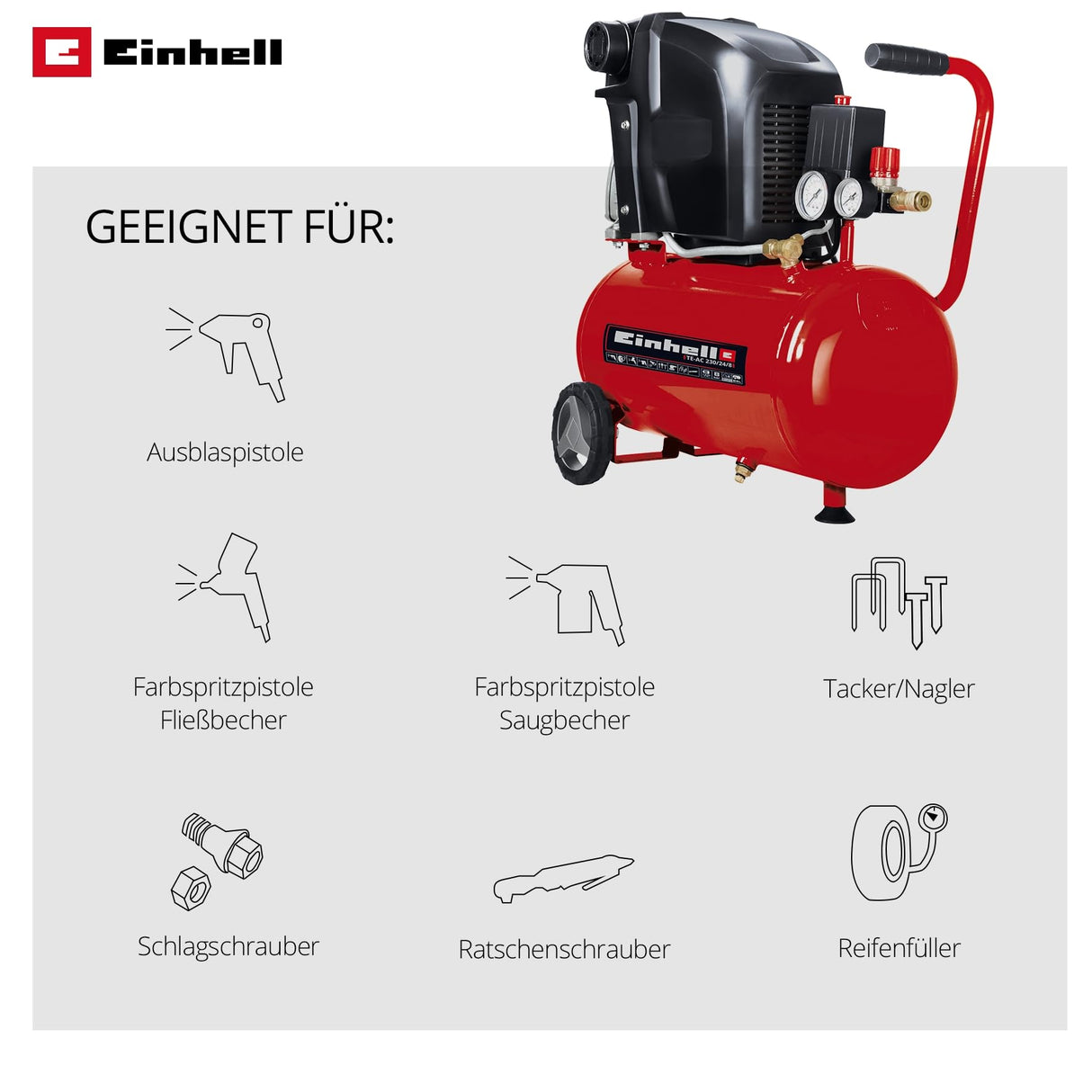 Einhell Compresor con cable - TE-AC 230/24/8. 1500 W, máx. 8 bar, depósito: 24 l, lubricación: aceite, antivibración, válvula de retención, tornillo de vaciado, 2 manómetros