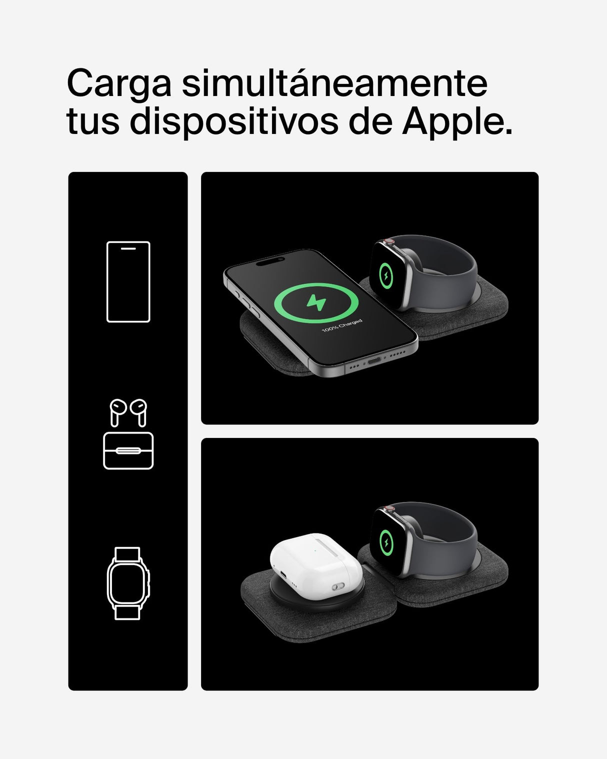 Belkin BoostCharge Pro cargador magnético compatible con MagSafe, base de carga inalámbrica 2 en 1 de viaje de 15 W, estación de carga inalámbrica plegable con Qi2, iPhone 16, Apple Watch 10 y AirPods