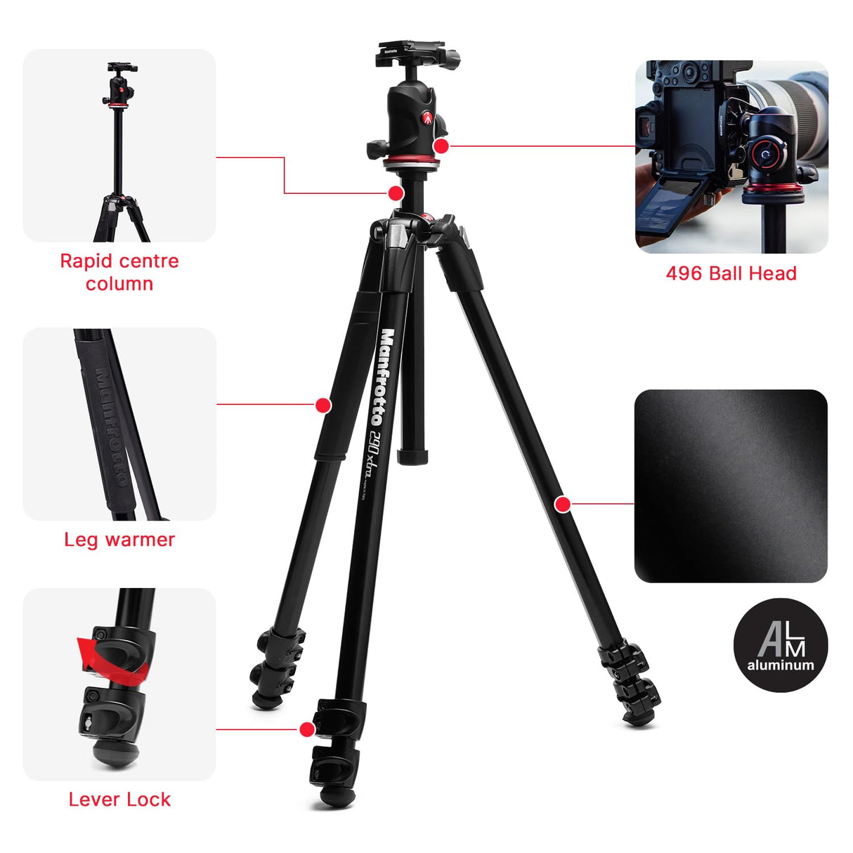 Manfrotto 290XTRA Trípode Cámara Aluminio con Rótula 496, 3 Secciones, 4 Ángulos, Cierres Rápidos, Placa Arca-Swiss, 10 kg, Bolsa, para DSLR, Cámaras sin Espejo y Compactas