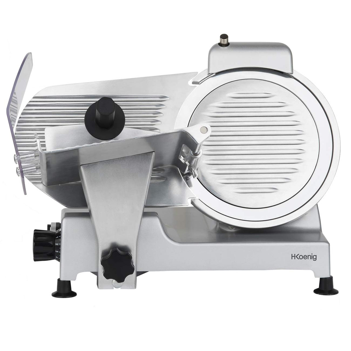 Cortadora de fiambre eléctrica H.Koenig MSX250, profesional, precisa, espesor de corte 0-12 mm, cuchilla italiana de 25 cm, afilador integrado, amplia bandeja, 282 rpm, plateado