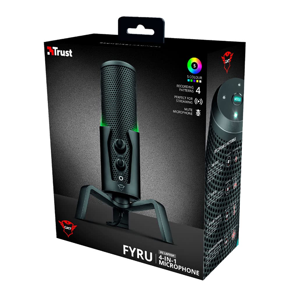 Trust Gaming GXT 258 Fyru Micrófono Gaming USB 4 en 1, Micro con Luces LED, 4 Patrones de Grabación, Micrófono PC para Podcasts, Vlogs, Streaming, Youtube, Twitch, PS4, PS5 - Negro