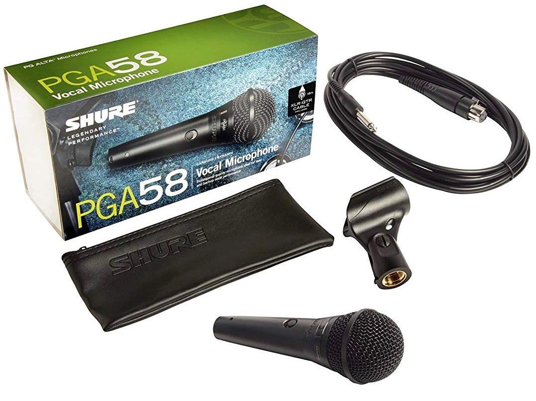 Shure PGA58 Micrófono dinámico: micrófono Vocal de Mano con Interruptor de Encendido/Apagado, Conector XLR de 3 Pines, Cable de 15 'XLR a QTR, Adaptador de Soporte y Punta de Cremallera (PGA58-QTR-E)
