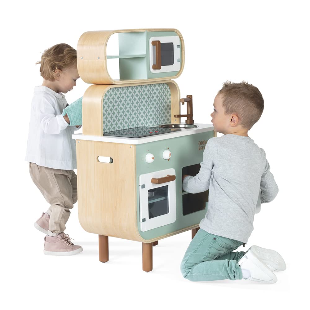 Janod - Cocina de doble cara- Cocina de madera para niños Recto-Verso - Cocina con luz y sonido - Con 7 accesorios - De 3 a 8 años, J06594