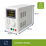 Velleman Suministro de laboratorio, programable, ajustable, 0-30 VCC/0-5 A, limitación de corriente, protección contra cortocircuitos, pantalla LCD, USB, conexión gris