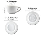 Ritzenhoff & Breker Sofia - Juego de café de 18 piezas, platos de postre (20 cm) y tazas con platillos (220 ml) para 6 personas, juego de café con relieve fino acanalado, vajilla fina de porcelana,