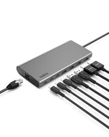 Belkin Core Connect hub USB-C de 8 Puertos, Dos Pantallas, Silicon Motion, concentrador multipuerto para Mac, Windows y Chromebook, Adaptador de Carga PD a 100 W, 10 Gbps y 1GbE Ethernet, Plateado