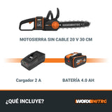WORX WG350E Nitro - Motosierra profesional con batería de 20 V, potente sierra para madera, 10 m/s, longitud de corte de 30 cm, compacta y segura, lubricación automática, tensor de cadena