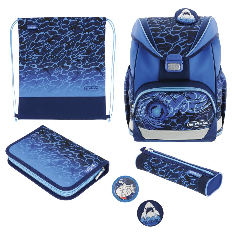 Herlitz Mochila escolar UltraLight Plus Blue Shark rellena, 1 unidad, multicolor, 36 x 28 x 21 cm, Casual