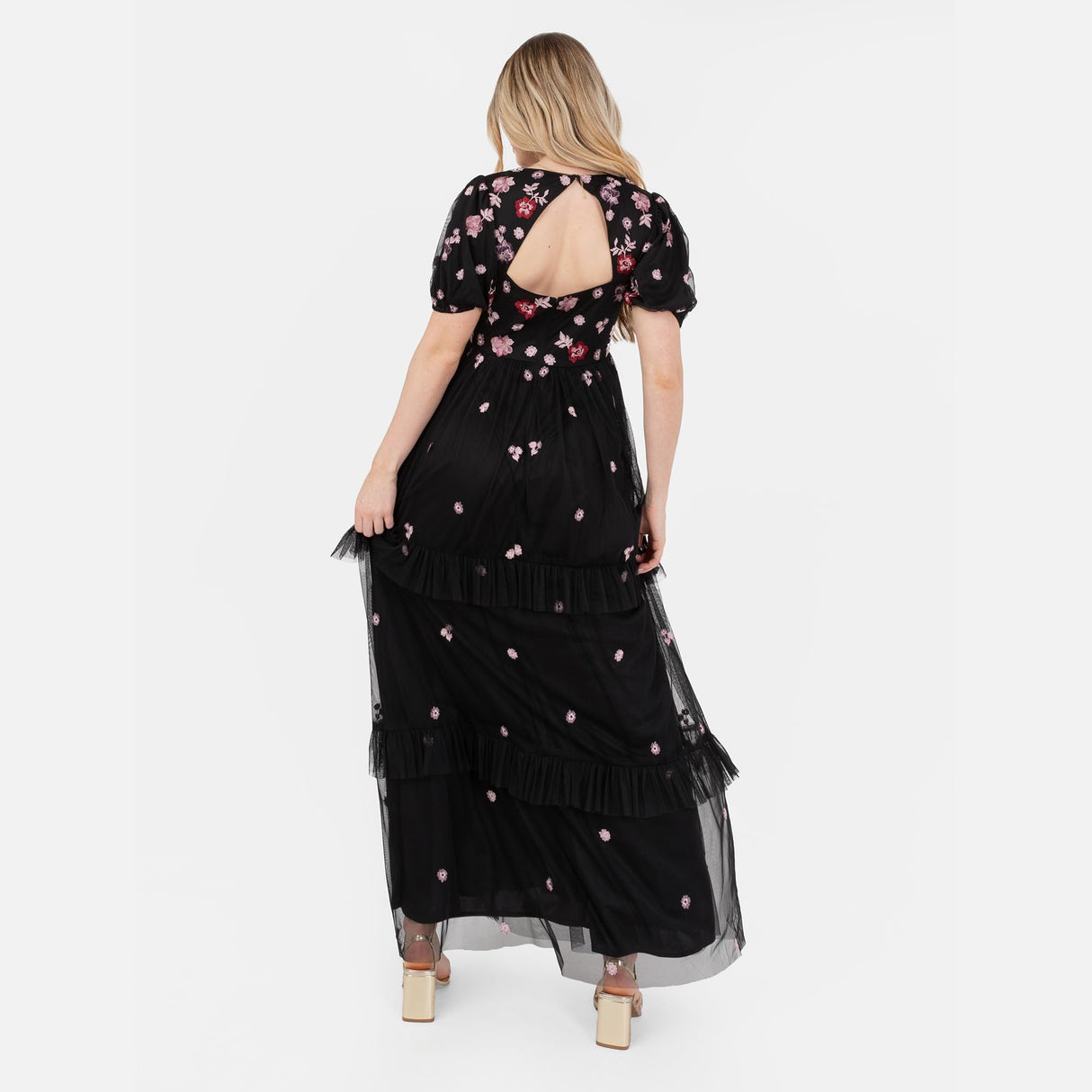 Women's Maxi Dress Ladies V-Neck Short Puff Sleeve Floral Embroidered Tiered Ruffle Tulle A-Line Keyhole Back Evening, Negro 40