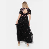 Women's Maxi Dress Ladies V-Neck Short Puff Sleeve Floral Embroidered Tiered Ruffle Tulle A-Line Keyhole Back Evening, Negro 40
