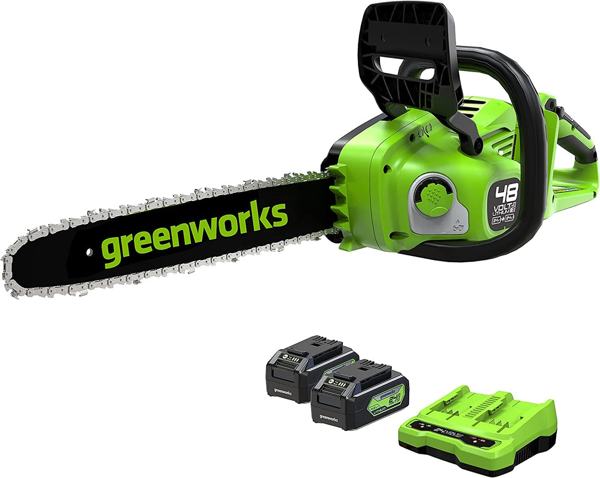 Greenworks 48V (24V x 2) Motosierra a Batería con Motor sin Escobillas, Barra de 35 cm, Velocidad de Cadena de 20 m/s, Autoengrasado, Con dos 4Ah y Cargador Doble, Garantía de 3 Años-GD24X2CS36K4X