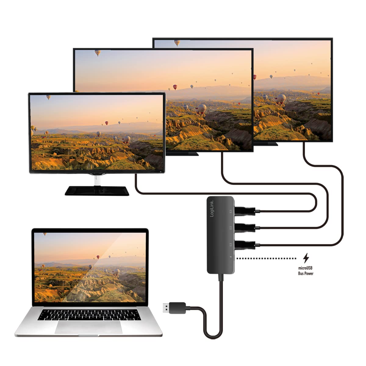 LogiLink Divisor 4K DisplayPort a HDMI, 1x DP a 3X HDMI, señal DisplayPort a 3 Dispositivos HDMI al Mismo Tiempo, Longitud del Cable: 17 cm