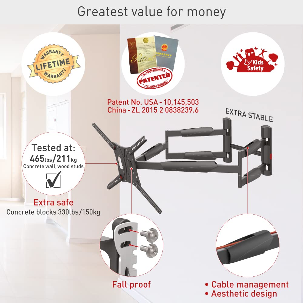 Barkan Soporte de Pared para TV de 104 cm de Largo, Brazo Doble de 13 a 90 Pulgadas, Giratorio/Movimiento Completo, Soporte para TV, soporta hasta 60 kg, Extra Estable, para LED OLED LCD, máx. VESA