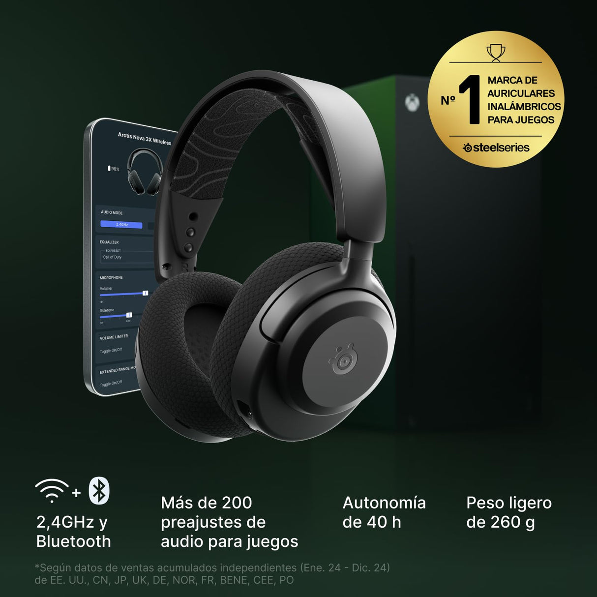 SteelSeries Arctis Nova 3X Wireless Auriculares Gaming multiplataforma - App - Batería 40h - Controladores magnéticos de neodimio - 2,4 GHz/Bluetooth - Micro extraíble - Xbox,PS, PC, Switch -Negro