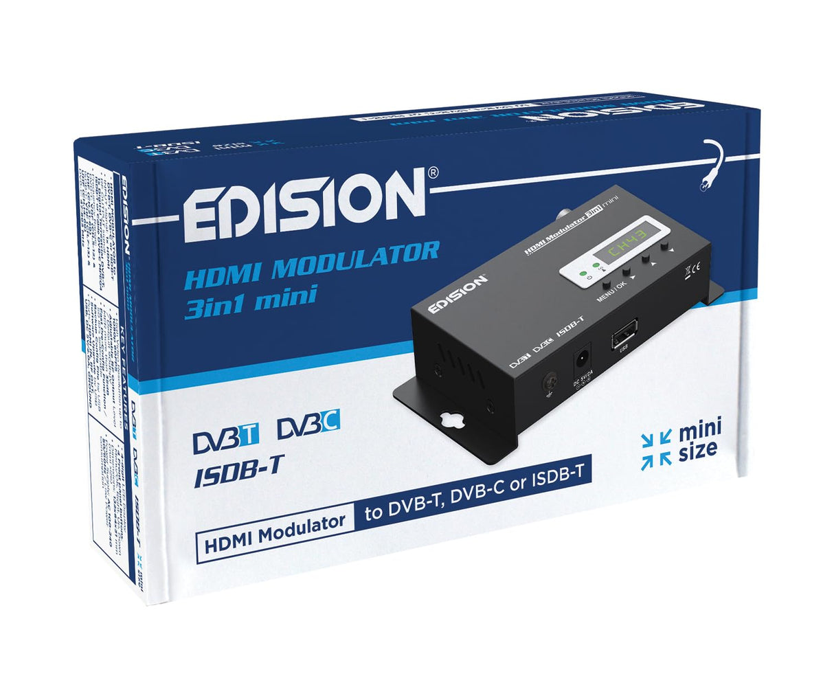 EDISION HDMI Modulator 3in1 Mini, Modulador HDMI a Terrestre DVB-T, ISDB-T o Cable DVB-C, Distribución Full HD sobre Cable Coaxial, Tamaño Mini, Pantalla LED, Instalación rápida, Plug & Play