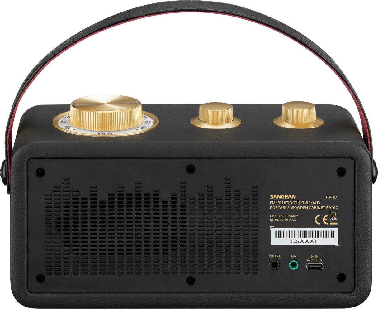 Sangean RA-101 Black Gold. Diseño Retro de Madera y Piel sintética. Bluetooth 5.0. Autonomía 19 Horas con una Carga Completa. AUX-in para Fuentes de Audio externas.