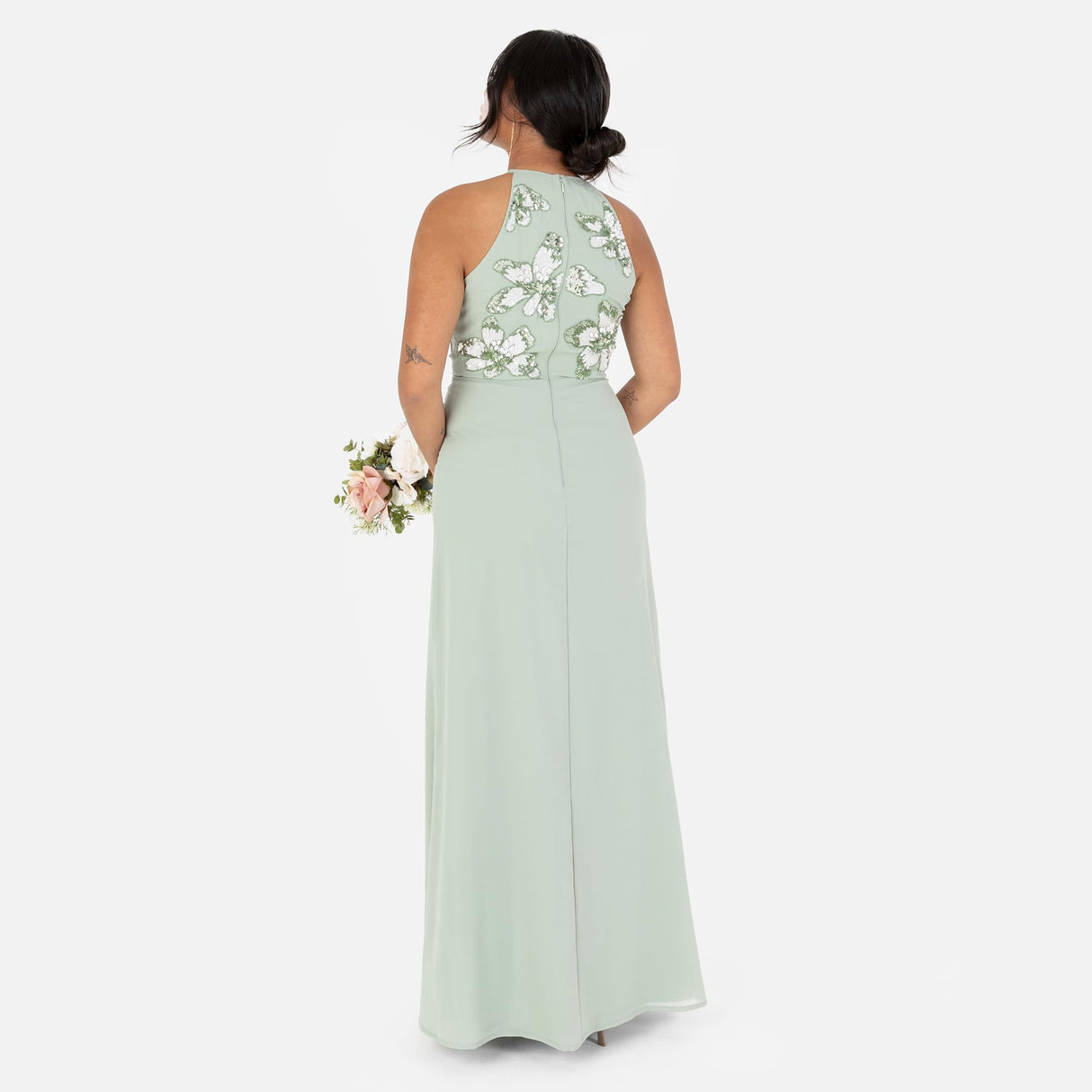 Maya Deluxe Women's Maxi Dress Ladies Sleeveless Halterneck Floral Sequin Embellished A-Line for Wedding Guest Evening Ball Gown Vestido, Green Lily, 38 para Mujer