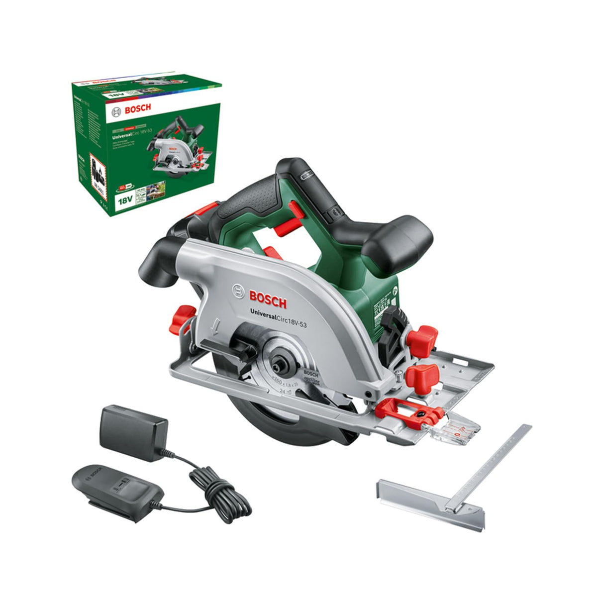 Bosch sierra circular a batería UniversalCirc 18V-53 (para serrar con precisión en madera; profundidad máx. de corte: 53 mm; sistema de 18 V; 1 batería de 2,5 Ah y cargador)