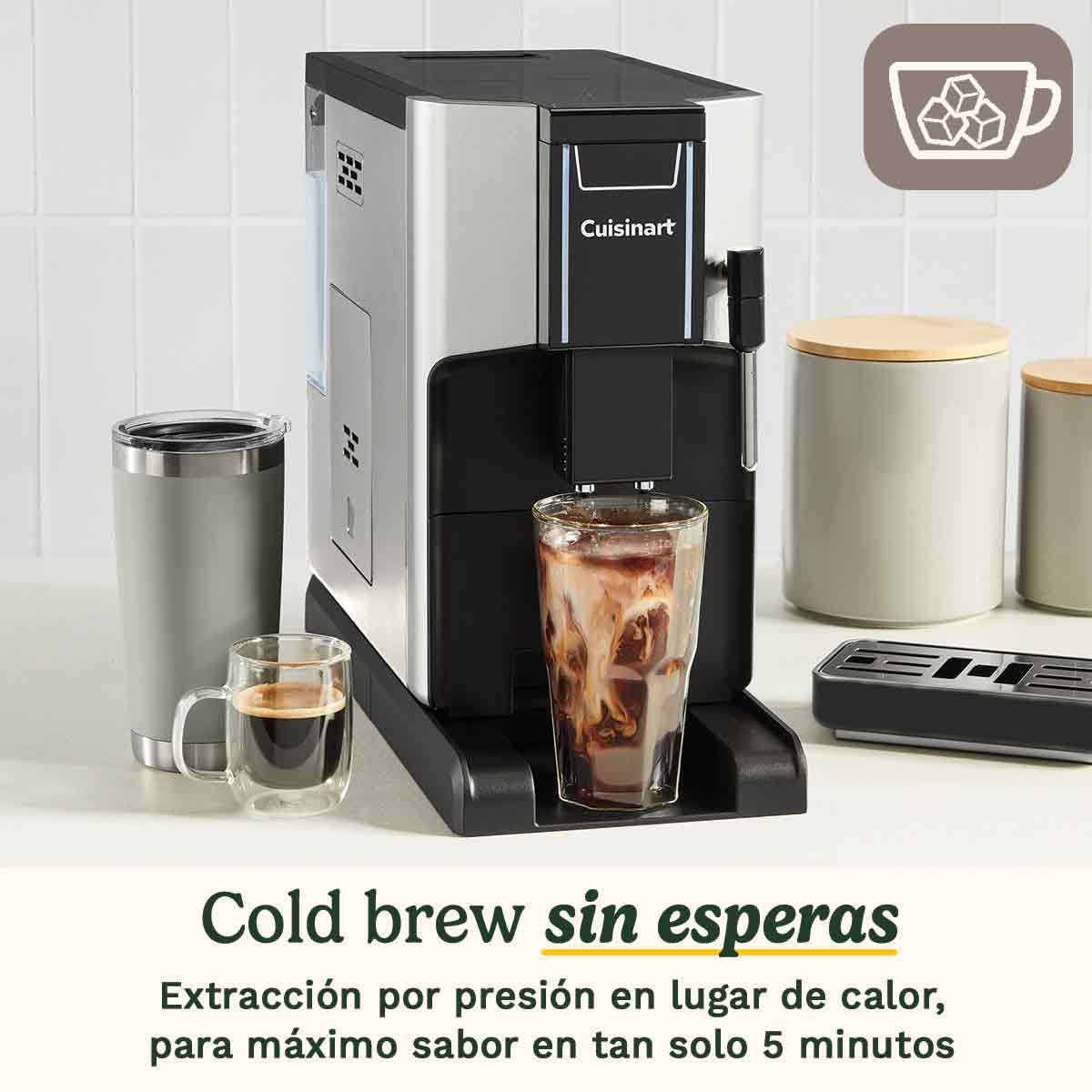 CUISINART Máquina de Café Automática;4 cafés con un toque: Espresso, Americano, Cold Brew;Espumador integrado;Grano a taza;Base ajustable;Botón de Favoritos, Gris