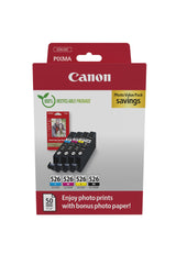 Canon CLI-526, Cartuchos de Tinta Original, Multipack, Cartuchos de Tinta Independientes, Negro, Magenta, Cian,Amarillo, Incluye 50 Hojas Papel Fotográfico 10 x 15 cm, Compatible con Impresoras PIXMA