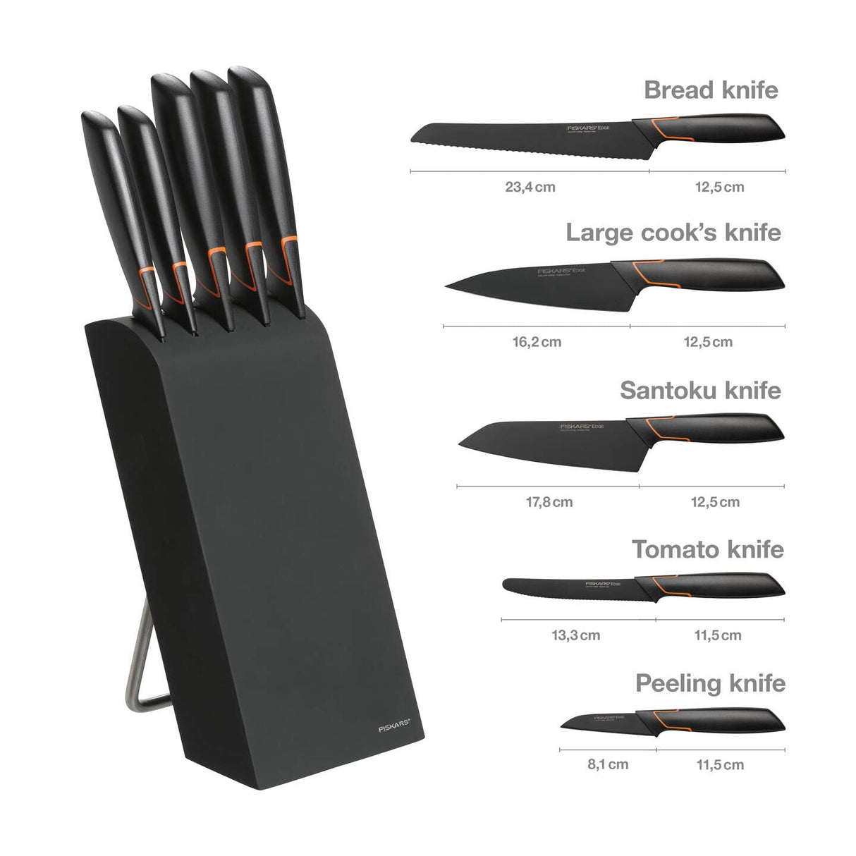 Fiskars Bloque de cuchillos con 5 cuchillos, Ancho: 15,5 cm, Alto: 37 cm, Madera de abedul, Negro, Edge, 1003099