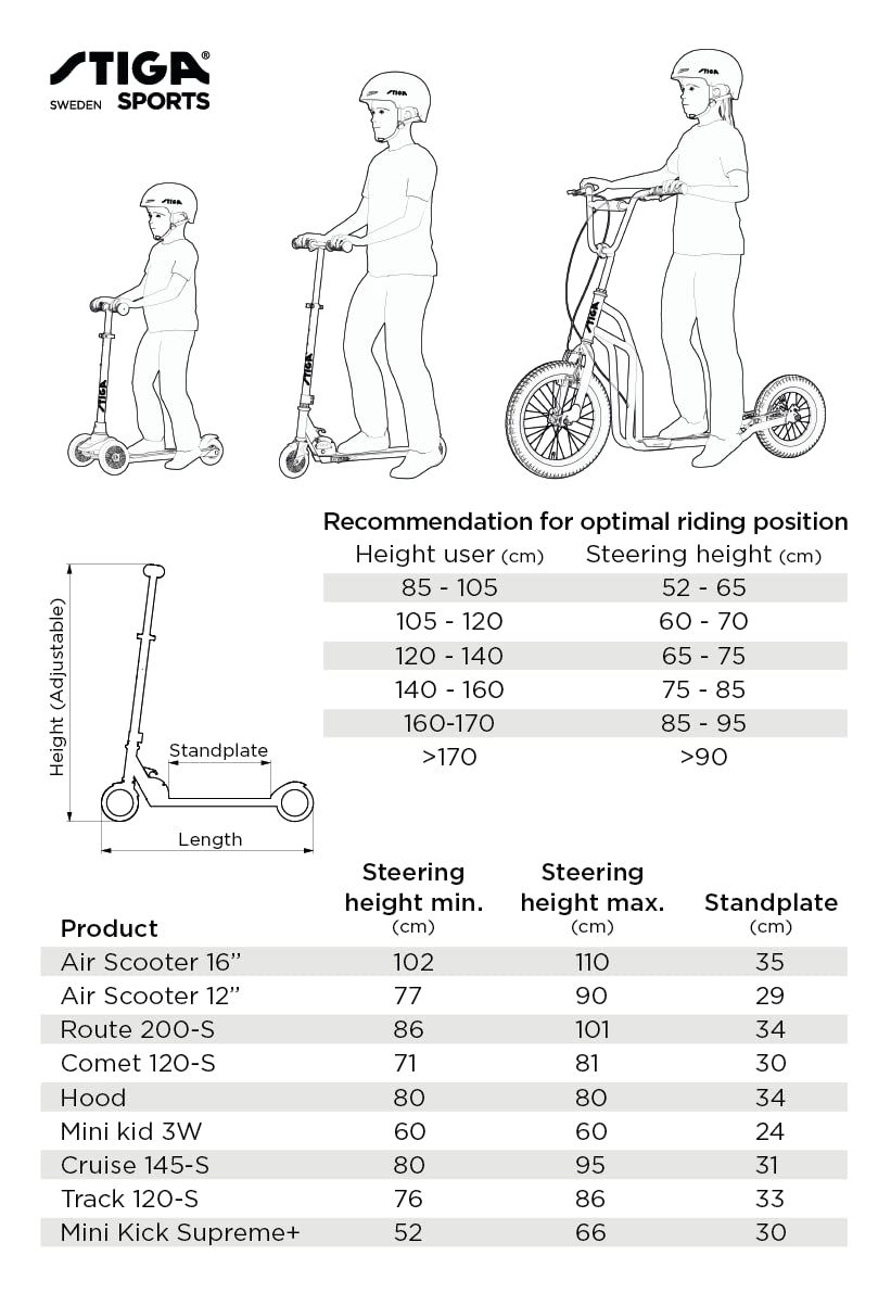 STIGA Patinete Air Scooter - Patinete Freno de Mano, Soporte y Manillar Ajustable en Altura - a Partir de 7 Años - Carga máxima de 100 kg