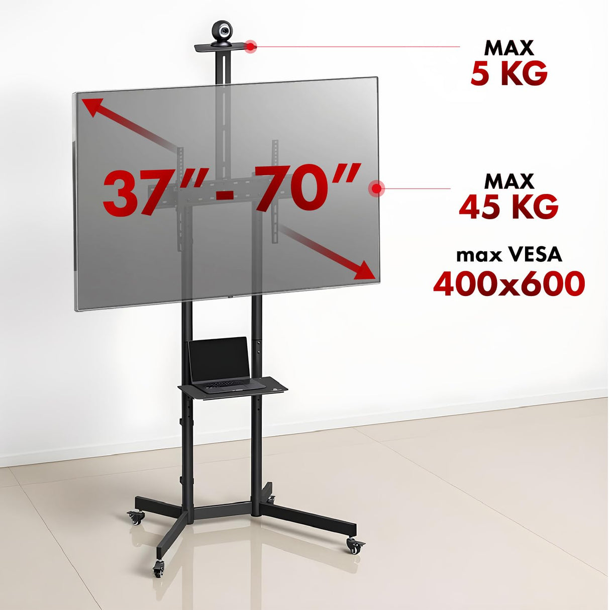 Maclean Soporte para TV sobre ruedas 37-70″ | Carrito móvil con 2 estantes ajustables en altura, estante para cámara VESA 600 × 400, gestión de cables | capacidad de carga 45 kg | acero negro | MC‑113