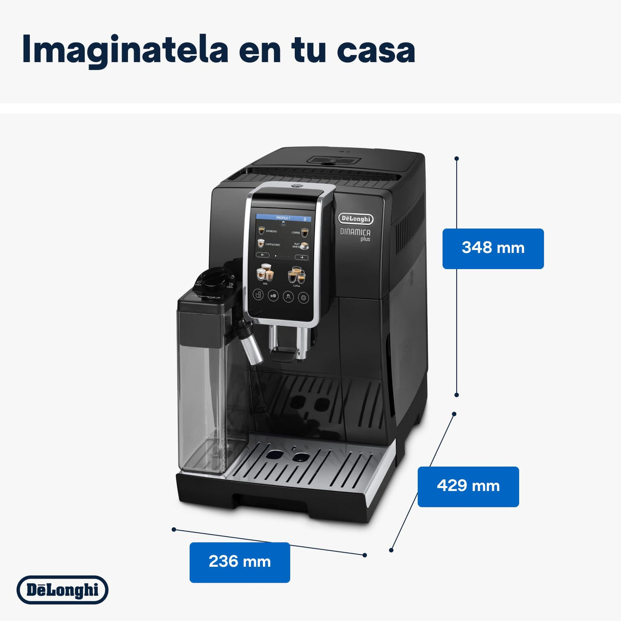 De'Longhi Dinamica Plus ECAM382.70.B, Máquina Automática de Café en Grano, Máquina Cappuccino con LatteCrema Hot, Cafetera Espresso, Taza con 18 Recetas, Pantalla TFT 3,5'', 1450W, Negro