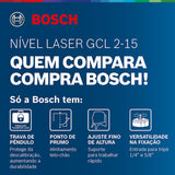 Bosch Professional Nivel láser GCL 2-15 (láser rojo, interior, con puntos de plomada, alcance: 15 m, 3 pilas AA, soporte giratorio RM 1, placa reflectora láser, estuche de protección, maletín)