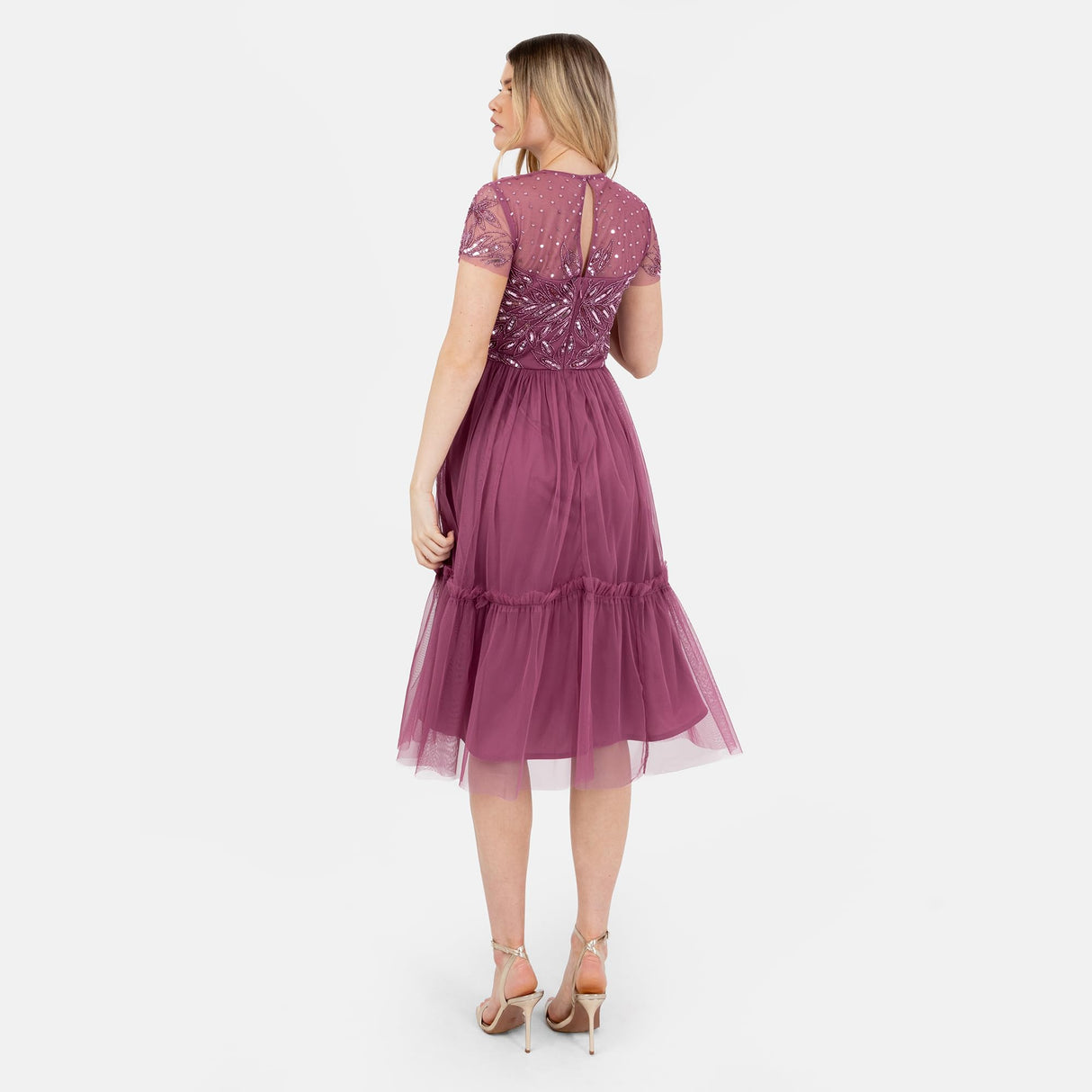 Maya Deluxe Women's Midi Dress Ladies Round Neck Sheer Short Sleeves Sequin Embellished Tulle Ruffle A-Line Wedding Guest Occasion, Rose, 56