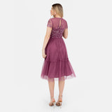 Maya Deluxe Women's Midi Dress Ladies Round Neck Sheer Short Sleeves Sequin Embellished Tulle Ruffle A-Line Wedding Guest Occasion, Rose, 56