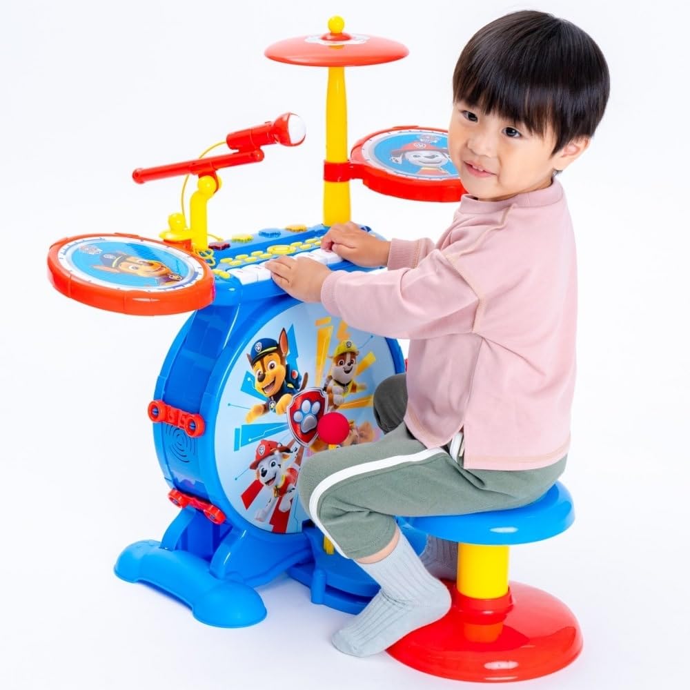 Lexibook, Paw Patrol, Set electrónico para niños, Juego de Juguete Musical, Sonido de batería Realista, Teclado de 8 Teclas, Enchufe MP3, Asiento Incluido, Azul/Rojo, K610PA