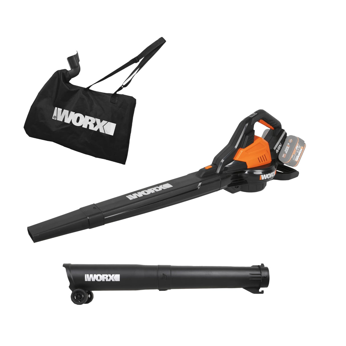 WORX Aspirador de Hojas 40V Máx. 2x20V | WG583E.9 | PowerShare | Sin batería ni Cargador |2 en 1 Recoger y aspirar – Bolsa de 35 L | Incluye Toberas | Ligero
