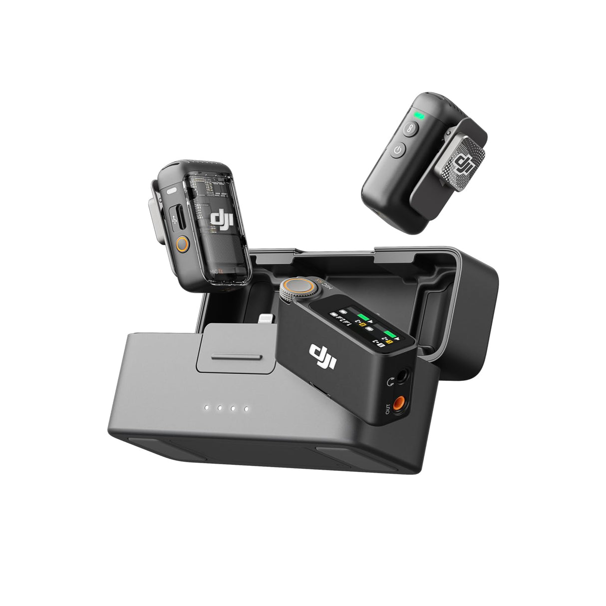 DJI Mic 2 (2 TX + 1 RX + Estuche de carga), todo en uno, micrófono inalámbrico, cancelación de ruido inteligente, grabación interna flotante de 32 bits, micrófono para iPhone y Android