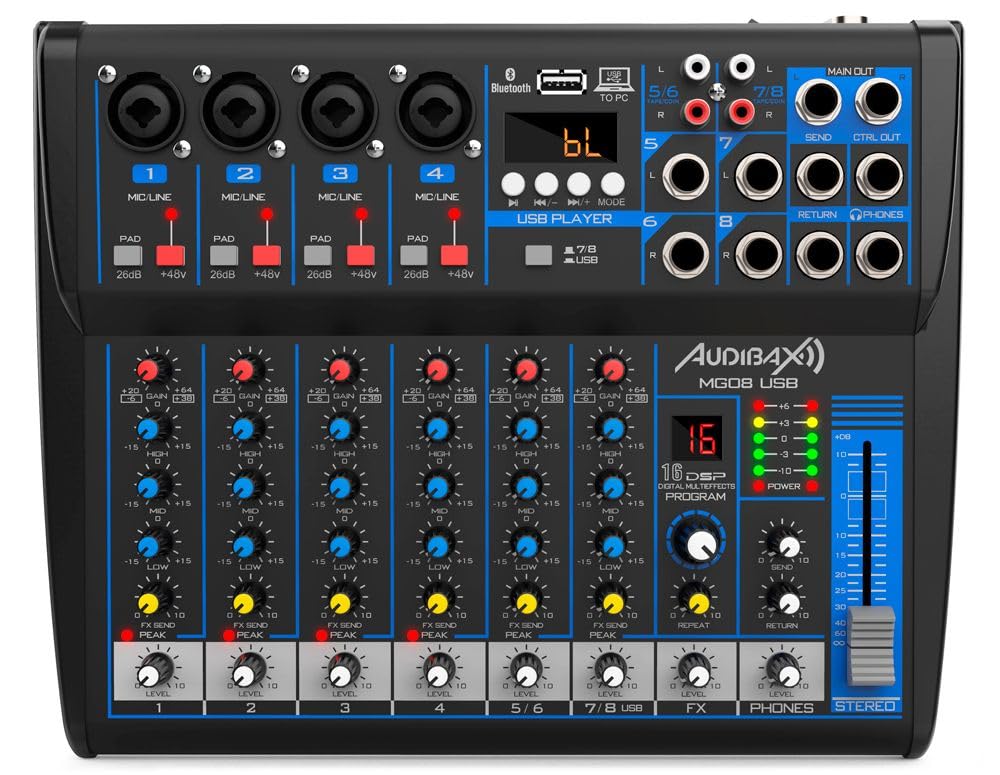 Audibax MG08 USB Mesa Mezclas 8 Canales con Bluetooth, MP3, USB Rec y Efectos