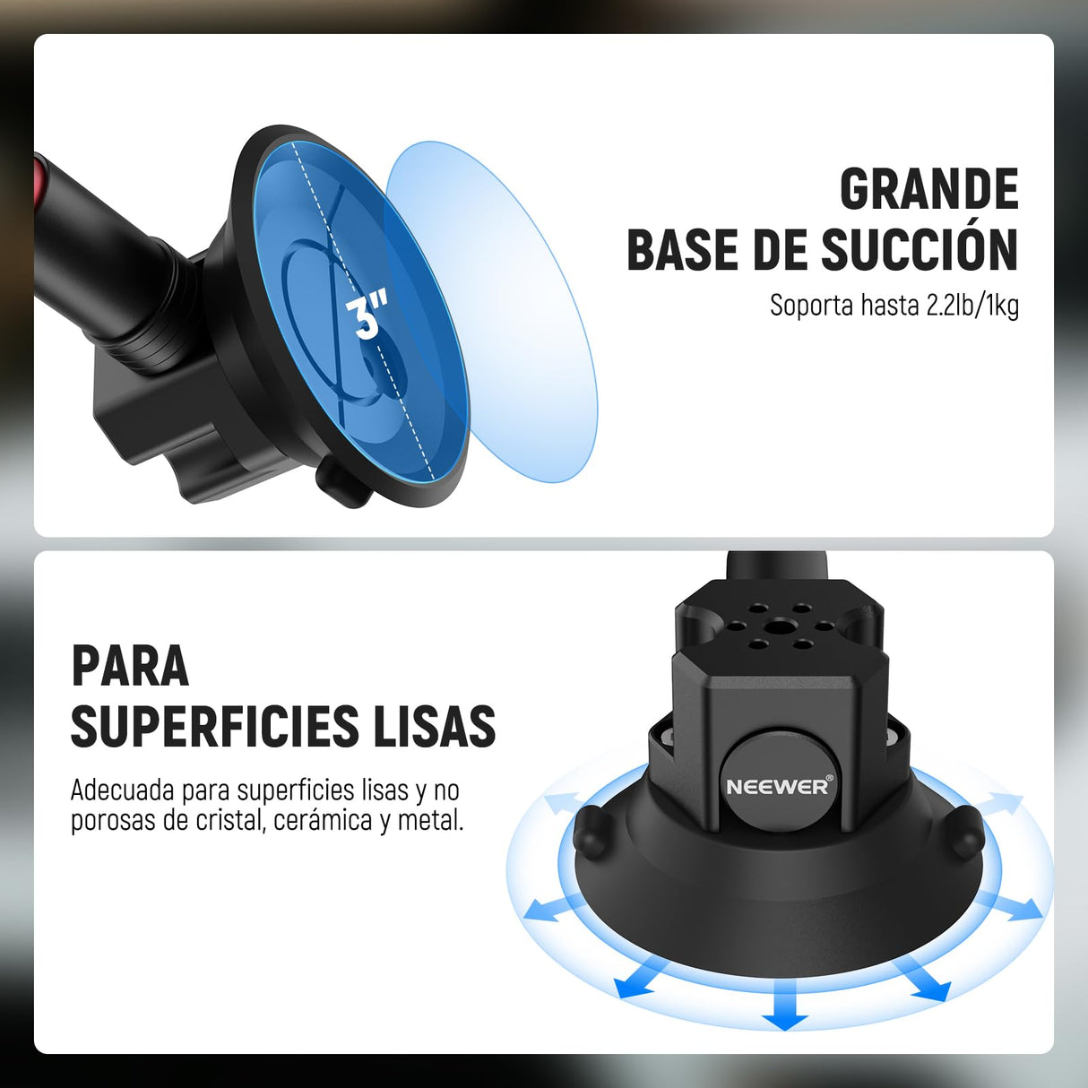 NEEWER Kit de Montaje de Coche con Triple Ventosa, Cámara Soporte de Fibra de Carbono con Adaptador Cámara Acción, Raíl NATO y Mástil de Extensión de 60cm Compatible con GoPro Insta360, MAX 1kg,CA136