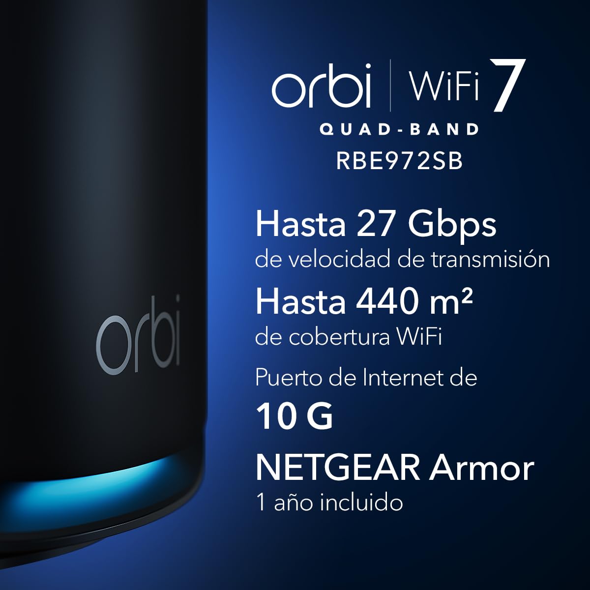 NETGEAR Orbi Mesh WiFi 7 Mesh Orbi Quad-Band (RBE972SB) | Router + 1 repetidor satélite | Cobertura de hasta 440 m², 200 Dispositivos | Puerto Internet de 10 Gbit, BE27000 802.11be