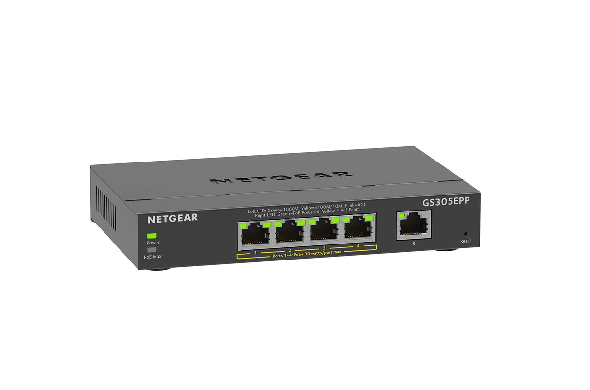 NETGEAR Switch PoE de 5 Puertos Smart Plus GS305EP, Ethernet con 4 x PoE+ a 63 W, Montaje sobremesa/Pared