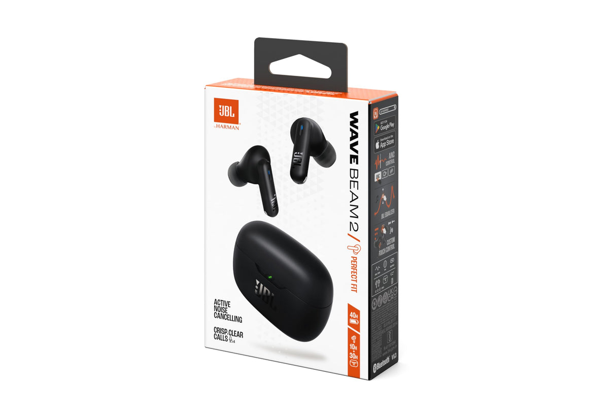 JBL Wave Beam 2, Auriculares True Wireless con cancelación de Ruido Activa, Bluetooth, hasta 40 hrs de autonomía, Sonido Pure Bass, Smart Ambient, Connexion multipunto, Negro