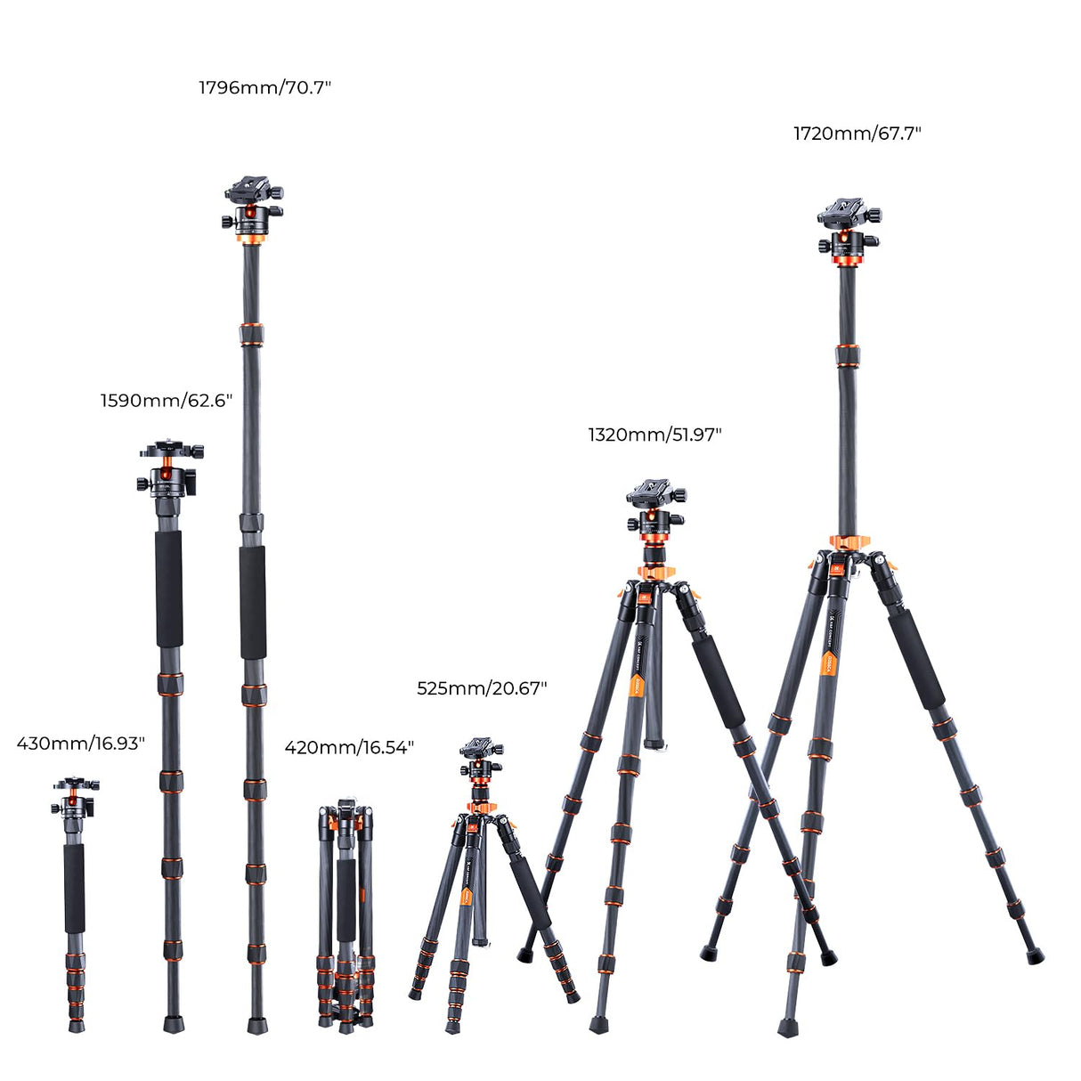 K&F CONCEPT Trípode Cámara Carbono 172CM Trípode Ligero Fotografía Professional de Viaje 360° Rótula de Bola y Placa de Liberación para Cámara DSLR (1.32KG)