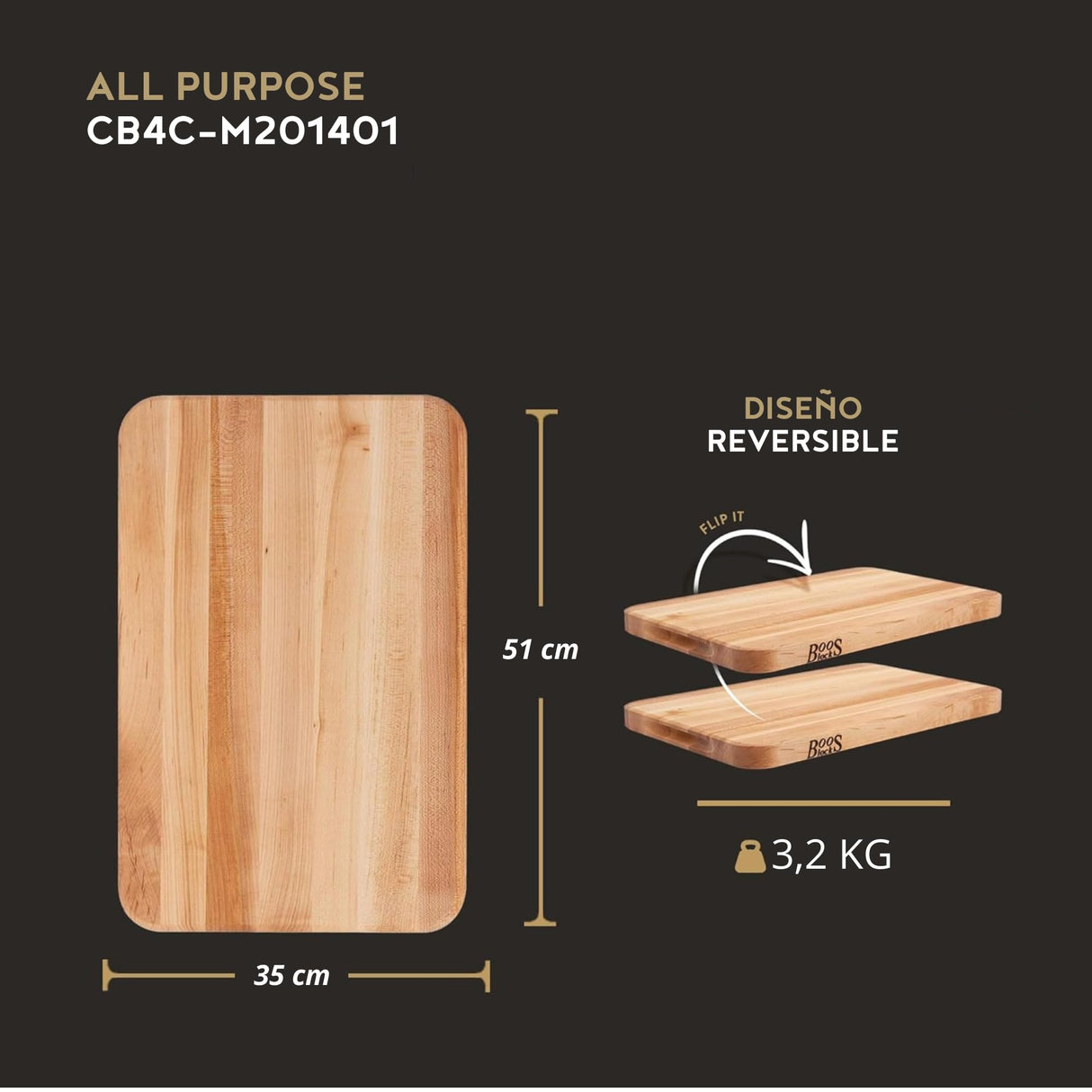 Boos Block Chop-N-Serve - Tabla de Servir - Tabla Cortar Cocina - Madera dura de arce duro de América del Norte - Reversible - 51 x 35 x 2,5 CM