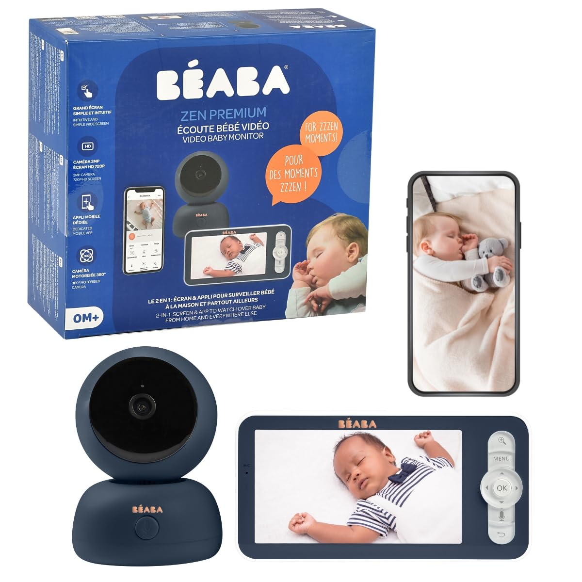 Béaba - Monitor de bebé 2 en 1, Pantalla/aplicación móvil dedicada, cámara HD, rotación de 360°, visión Nocturna, walkie-Talkie, Canciones de Cuna, Control de Temperatura y Humedad, Zen Premium Blue