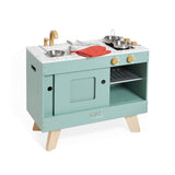 Janod - Cocina de Madera Loft - Juguete Imitación Cocina y Vajilla - Vintage y Actual - 7 Utensilios de Metal y Guante de Tela - Pintura al Agua - A Partir de 3 Años, J06556