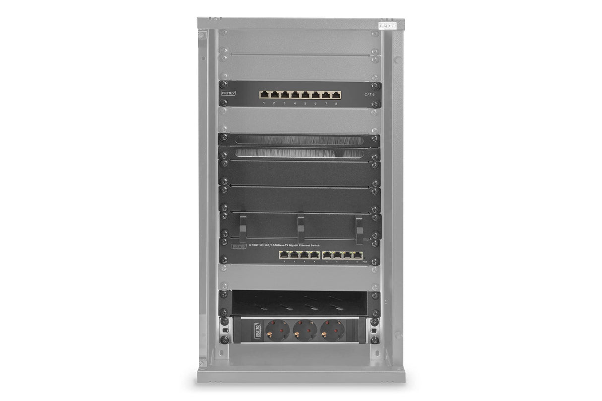 DIGITUS Juego de 10 Pulgadas - Armario de Red 12U Serie Soho Negro - Estante - regleta de enchufes - Panel de Conexiones de 8 Puertos - conmutador gigabit de 8 Puertos
