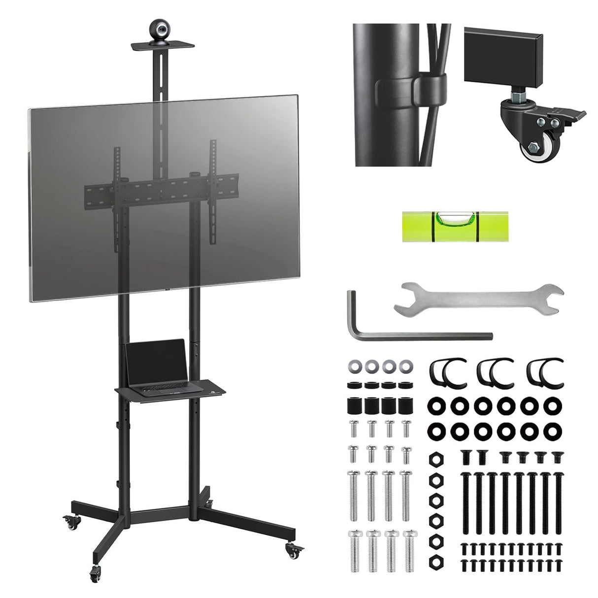 Maclean Soporte para TV sobre ruedas 37-70″ | Carrito móvil con 2 estantes ajustables en altura, estante para cámara VESA 600 × 400, gestión de cables | capacidad de carga 45 kg | acero negro | MC‑113