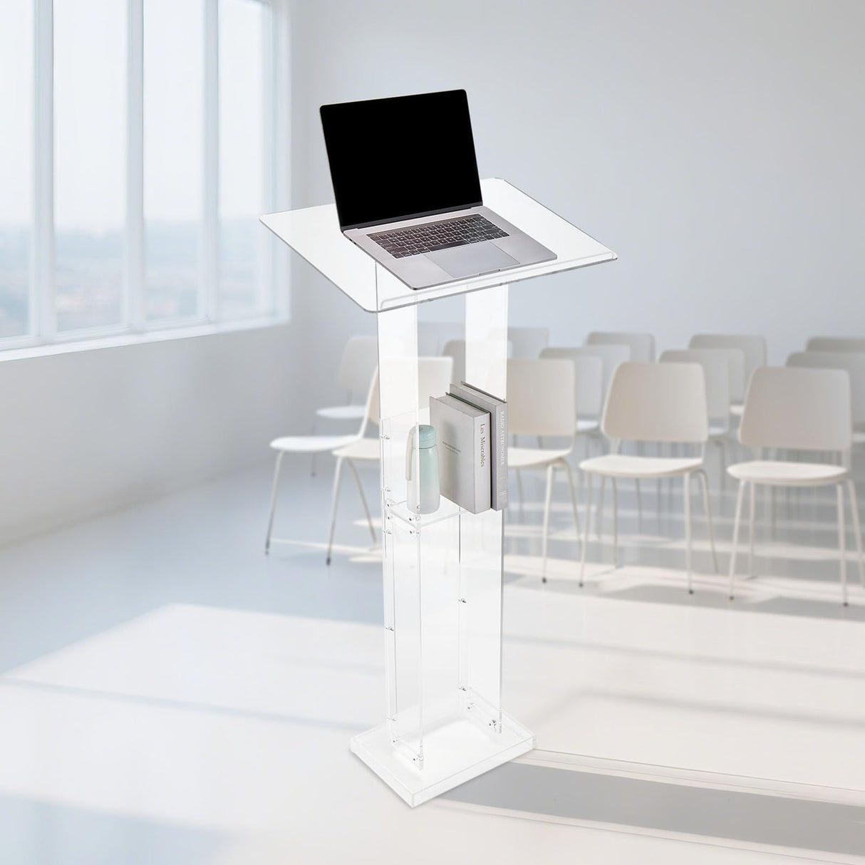 VEVOR Soporte de Podio de Acrílico Altura de 126,5 cm Atril de Pie Portátil con Superficie de Lectura 60 x 40 cm, Estante de Almacenamiento para Aulas, Bodas, Conferencias, Discursos, Conciertos
