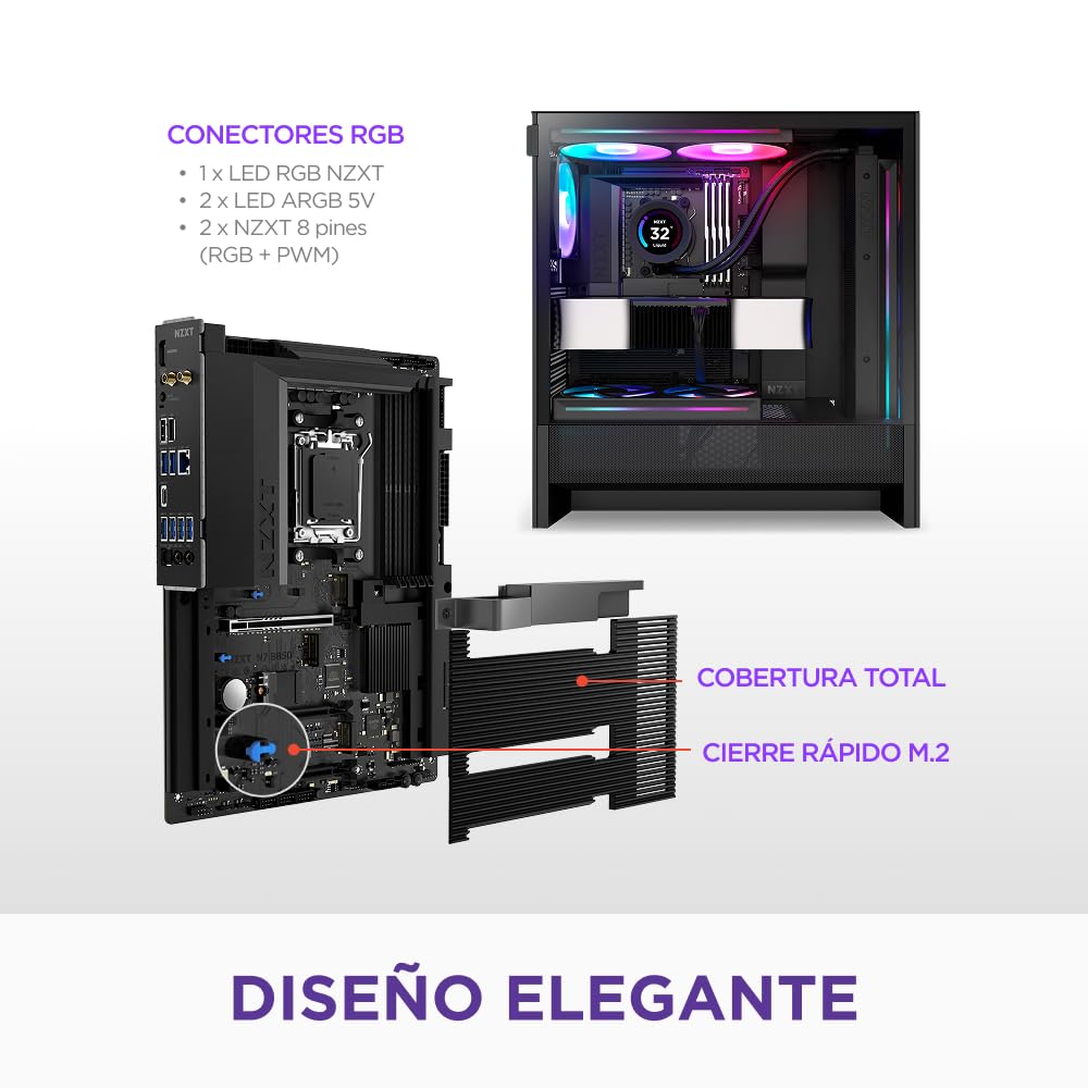 NZXT N7 B850 - Placa Base Gaming AMD B850 AM5 ATX para Ryzen 9000/8000/7000-16+2+1, DDR5, 3X M.2, PCIe 5.0, Wi-Fi 6E, LAN 2.5GbE, USB 4 – M.2 NVME con Cierre rápido – Cubierta Completa – Negro