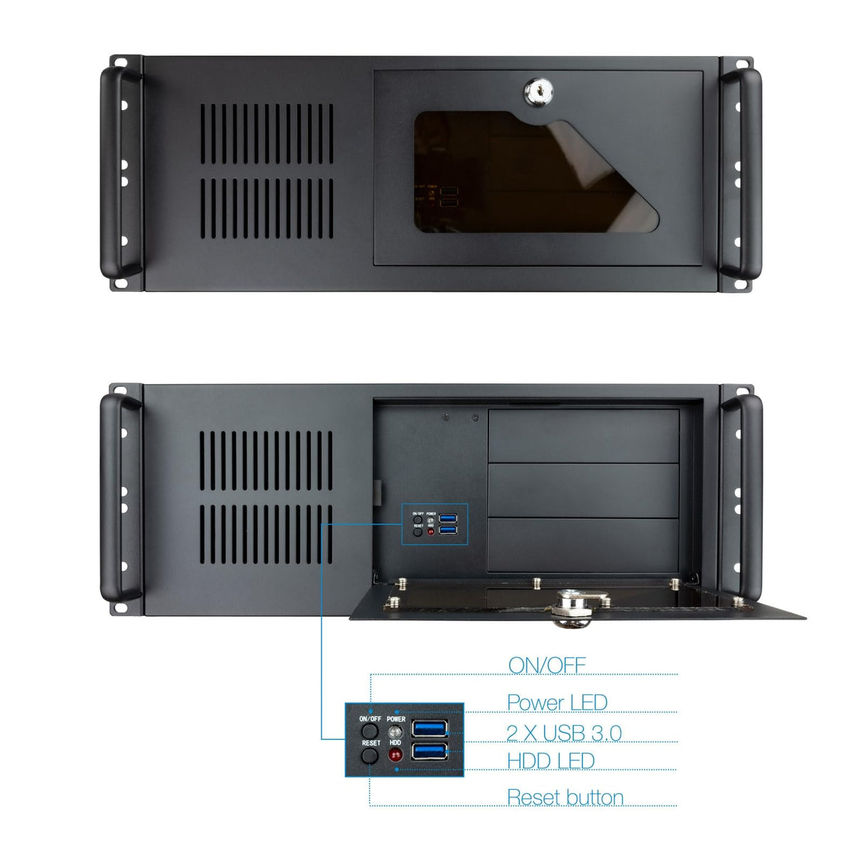 Caja IPC Rack 406N 4U 19" ATX - 2x5.25 externas, 1x3.5 Externa, 8x3.5 internas, USB - Ideal para servidores y Almacenamiento en Red.
